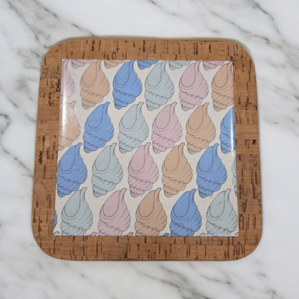 Portuguese Cork Trivet Ceramic Decorative Tile Inlay Colorful Seashells